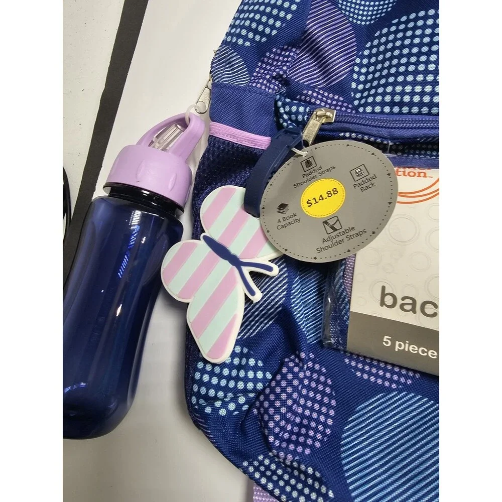 Wonder Nation Purple Polka Dot Backpack & Lunchbox 5 Piece Set With Water Bottle